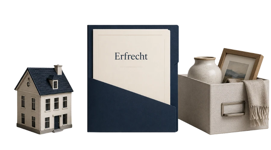 Homepage-afbeelding over erfrecht en nalatenschap met document, woning en bewaardoos.